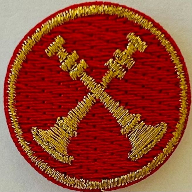 FIRE FIGHTER 2 BUGLES CROSSED, 1" CIRCLE - METALLIC GOLD on RED - SEW ON.